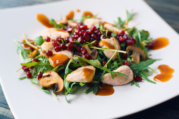 Delicious chicken salad with pomegranate seeds and arugula on white plate, restaurant serving. Healthy and tasty food