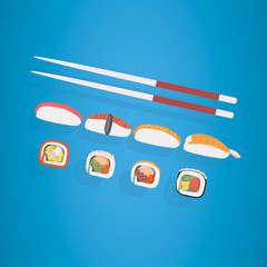 Delicious sushi / rolls. Design of vector illustrations. Isolated on blue background.