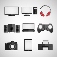 Vector illustrations of technology - digital, power, device: TV, computer, satellites, notebook, camera, tablet, headphones, joystick, printer. Isolated on white background. Signs / Symbols