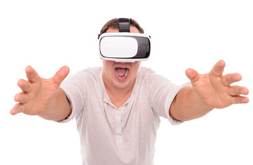 Man in glasses or helmet of virtual reality on a white.