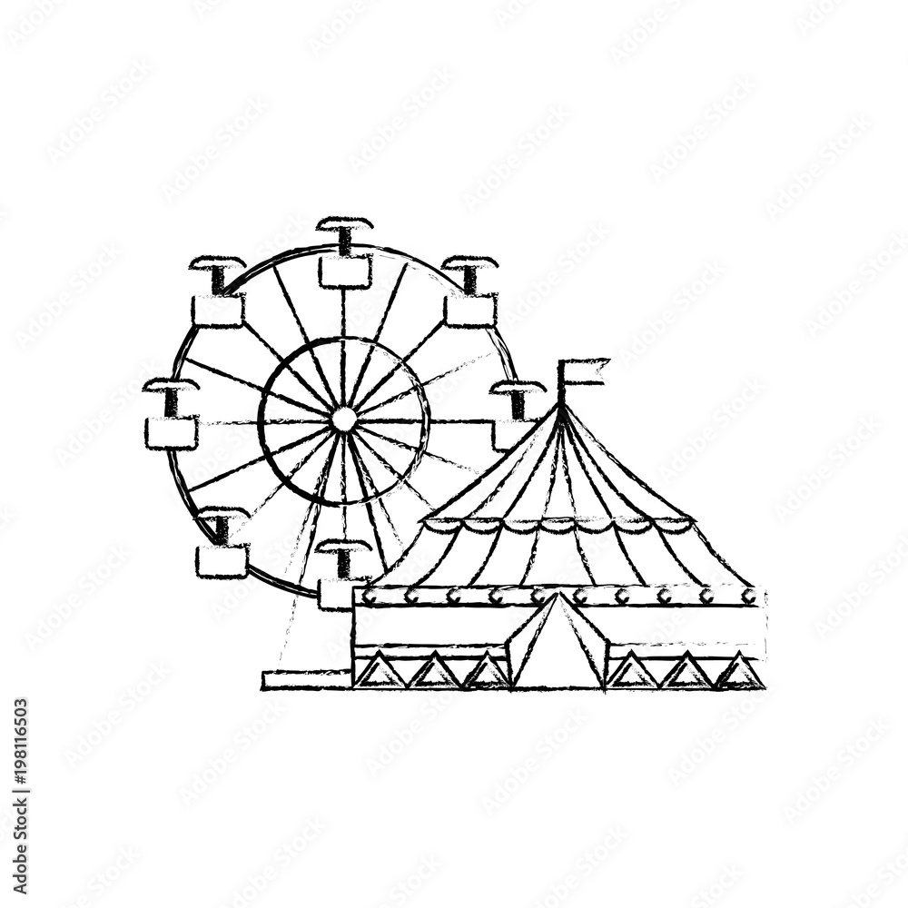 Sticker carnival circus festival tent ferris wheel entertainment vector illustration sketch design