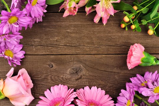 Fototapeta Frame of pink and purple flowers with rose, carnation, daisies and lilies against a rustic wood background. Copy space.