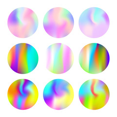 Holographic abstract backgrounds set. Trendy holographic backdrop with gradient mesh. 90s, 80s retro style. Pearlescent graphic template for brochure, flyer, poster, wallpaper, mobile screen.