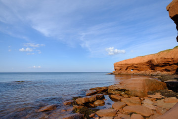Erosion of the cliffs along the red cliffs of North Rustico and Green Gables on the Gulf of St Lawrence