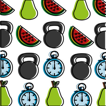 healthy lifestyle dumbbell sport chronometer and pears wallpaper image vector illustration