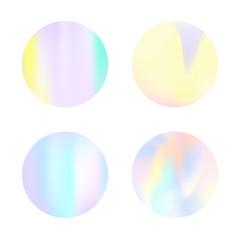 Gradient mesh abstract backgrounds set. Futuristic holographic backdrop with gradient mesh. 90s, 80s retro style. Iridescent graphic template for brochure, flyer, poster, wallpaper, mobile screen.