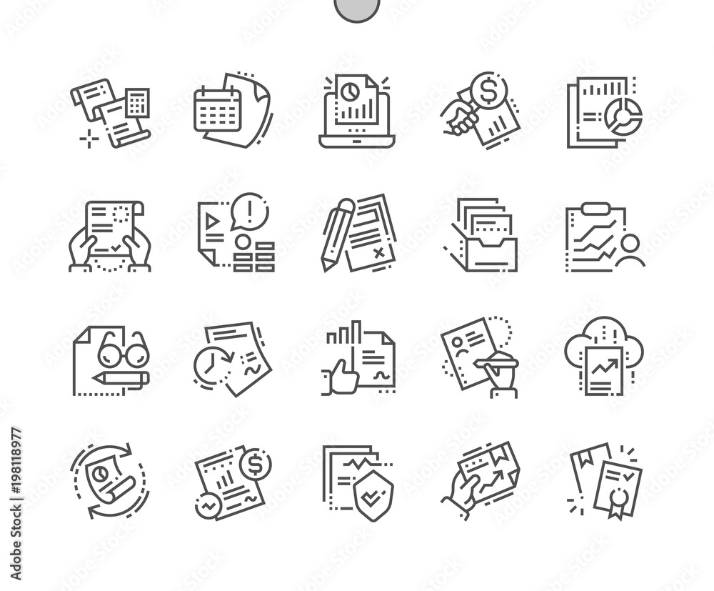 Poster report well-crafted pixel perfect vector thin line icons 30 2x grid for web graphics and apps. simpl