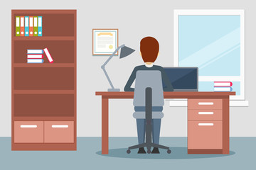 Vector design of office environment with man working