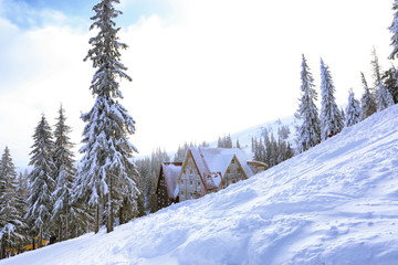 Beautiful ski resort on snowy day. Winter vacation