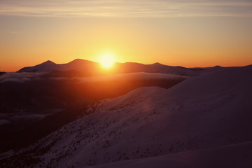 Naklejka premium Beautiful landscape with snowy mountains in winter morning