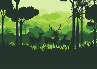 Deers wildlife and green silhouette forest abstract background.Nature and environment conservation concept flat design.Vector illustration.