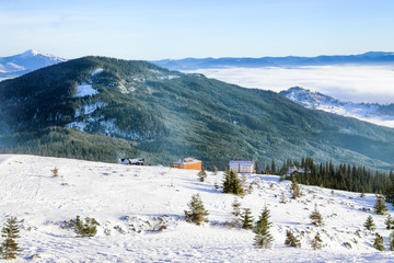 Snowy resort in mountains on winter day