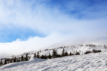 Ski slope at snowy resort on winter day