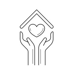 Hands holding house with heart vector line icon isolated on white background