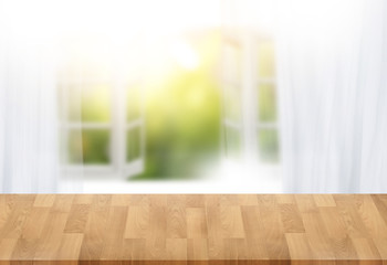 morning bright curtain window and empty table  blurred background can be used for display or montage your products and Mock up