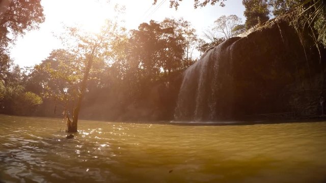 Lake at the foot of a large waterfall. Datanla waterfalls, Vietnam