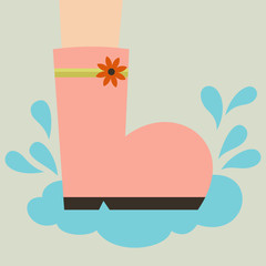 one pink boot with an orange flower is stepping on puddle in rainy day which makes a lot of drops of water spread all around. vector illustration.