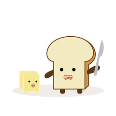Fototapeta premium a slice of bread is trying to cut a cubic butter by a butter knife in hand. funny concept. food and drink design. vector illustration.