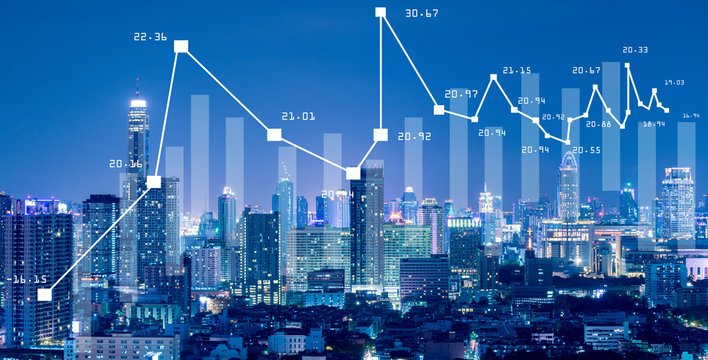 Business background with stock graph growth illustration on the city skyline view.