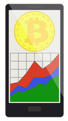bitcoin coin with growth graph on a phone screen
