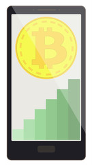 bitcoin coin with growth graph on a phone screen