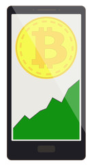 bitcoin coin with growth graph on a phone screen