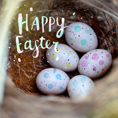Real little eggs in a straw nest. The concept of Easter. Inscription Happy Easter. Selective focus.