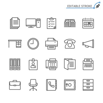 Office Supplies Line Icons. Editable Stroke. Pixel Perfect.