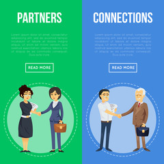 Business cooperation and partnership flyers. Happy businessmen and business women handshaking. Corporate business people meeting, partners connections and teamwork, office life vector illustration.