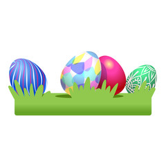 Colored Easter eggs on the grass. Vector illustration isolated on white background. Clipart for the holiday design and cards.