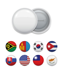 Arranged blank badge template with choice of various world countries flags. 
