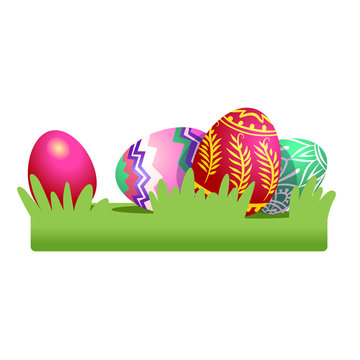 Colored Easter eggs on the grass. Vector illustration isolated on white background. Clipart for the holiday design and cards.