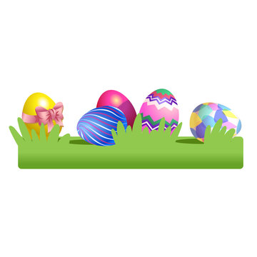 Colored Easter eggs on the grass. Vector illustration isolated on white background. Clipart for the holiday design and cards.