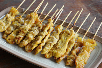Pork satay or grilled pork on plate, delicious food of Thailand