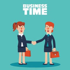 Two successful and smiling business women shake hands. Partnership, cooperation, international collaboration and teamwork in business vector concept