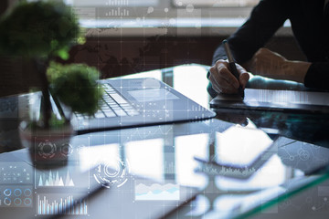 Internet, Business and technology concept. Icons, diagrams and graphs background on virtual screen.