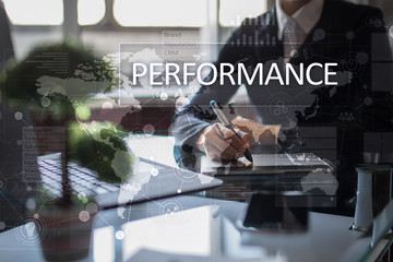 Performance indicator on virtual screen. KPI. Business growth strategy.