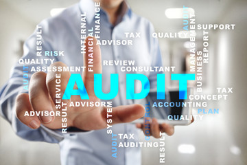 Audit business concept. Auditor. Compliance. Virtual screen technology. Words cloud.