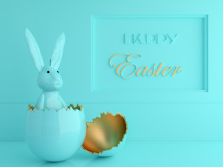 Golden easter egg with rabbit on pastel background . 3d rendering image