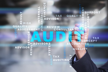 Fototapeta na wymiar Audit business concept. Auditor. Compliance. Virtual screen technology. Words cloud.