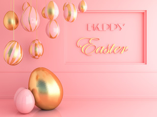 Golden easter egg with rabbit on pastel background . 3d rendering image