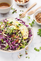 Salade d'été au Chou Rouge, Chou Blanc, Pomme, Amandes, Graines germées et Vinaigrette