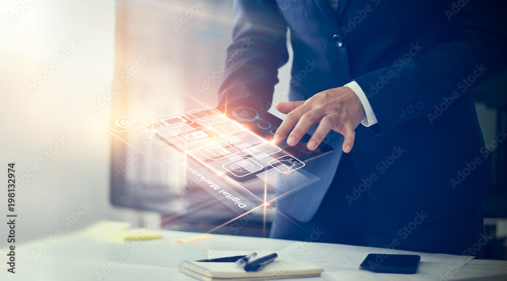 Poster Digital marketing. Businessman using modern interface payments online shopping and icon customer network connection on virtual screen. Business innovation technology concept