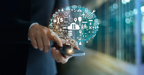 Digital marketing. Businessman using mobile with icon network connection. Business innovative...