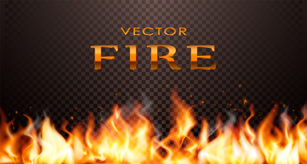 Realistic flame, vector 3d Fire collection, red lights, sparks, isolated on trensparent background.