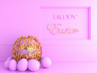 Golden easter egg with rabbit on pastel background . 3d rendering image