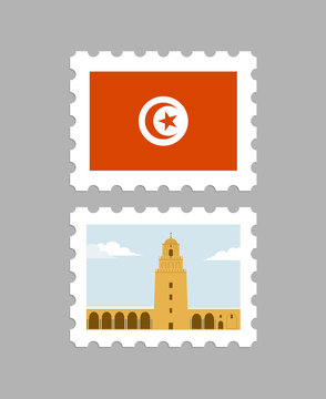 Tunisia flag and great mosque of kairouan on postage stamps