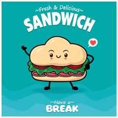 Vintage vegetable poster design with vector sandwich characters.