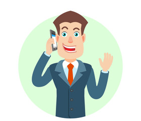 Businessman talking on mobile phone and raised a hand in greeting