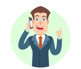 Businessman talking on mobile phone and pointing up